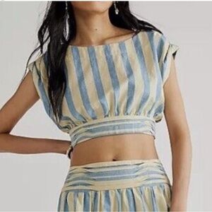$128 NWT Free People Stripe Cropped Tank Top Cream Blue Ties Womens Med